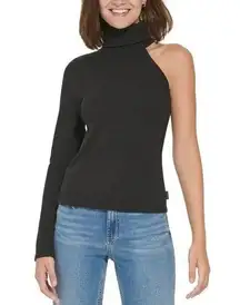 Calvin Klein Jeans Women's One Shoulder Turtleneck Top Ribbed Black Size XL NWT