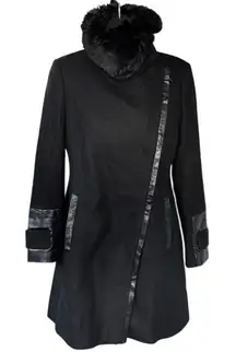 Via Spiga Wool Faux Fur Collar Jacket Sz 2P Black Military Moto Faux Leather