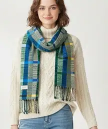 Novica Handwoven Cotton Scarf Guatemala Blue Green Yellow Plaid Artisan Fringe