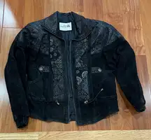 Sea dream Vintage 90s Black Suede Jacket with Embroidered Details Y2K Size S