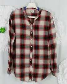 White Crow Womens Shirt Top Size Small Plaid Button Up Red Black Rounded Hem