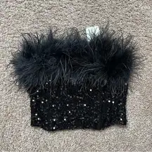 Line and Dot Revolve  Cropped Sequin and Faux Fur Trim Tube Top