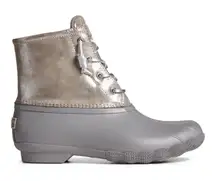 Sperry Saltwater Waterproof Metallic Leather Duck Rain Boots Silver Gray NEW