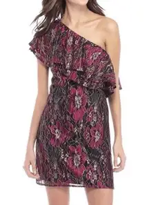 WAYF Purple Metallic One Shoulder Mini Dress Floral Ruffle Off the Shoulder