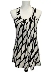 Geometric Print Sleeveless Pleated Racerback Dress Cream Black Small