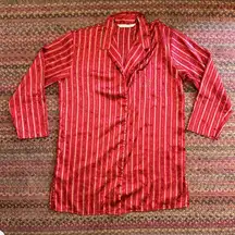 VTG VICTORIAS SECRET RED & GOLD STRIPE SATIN LONG SLEEVE NIGHT SHIRT BUTTON UP