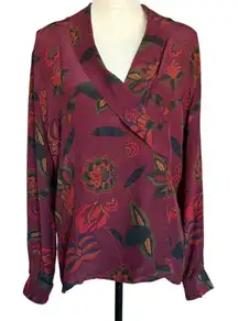 Nancy Crystal Women's Floral Silk Blouse Size 6 Burgundy V-Neck Vintage Top