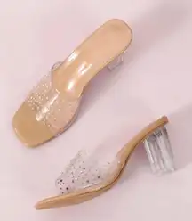 Beige Tan Neutral Rhinestone Block Heels Kitten Mules