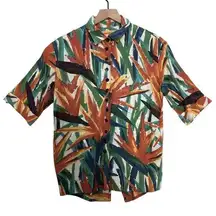 Multicolor Blue Orange Yellow Green Tropical Sequin Button Up Shirt Blouse Top