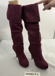 Womans Knee Length Tall Boots 8.5 Maroon Pull On Platform Stilettos Cuff