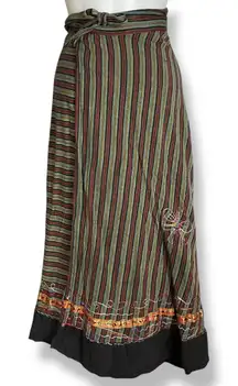 Striped Wrap Skirt‎ Floral Embroidery Boho Flowers Ribbon Tie Waist Green Red