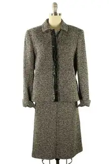 Max Mara  Italy Croc Embossed Leather Trim Black Wool Tweed Skirt Suit Jacket 12