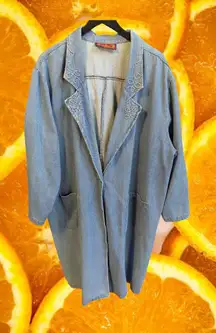 Bonjour Denim Long Jacket Women Blue Embroidered Collar Pockets