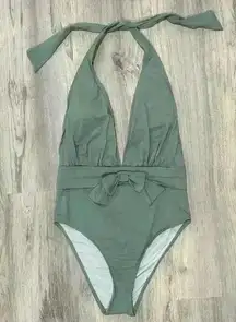 We Wore What Sage Green Brooklyn Halter One Piece Swimsuit Plunge Bow Size L