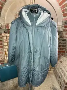 cocoon coat quilted hood 1980s gray toggle buttons