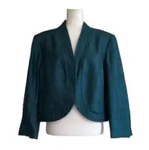 Kasper Blazer Jacket Teal Blue Green Sheen Open Front 3/4 Sleeve Short Size 18