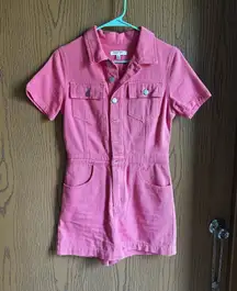 Pink denim fringe jumpsuit