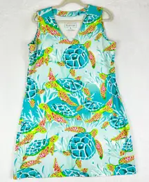 Ana Clare Sheila Shift Dress Size XL Sea Turtle Sleeveless V-Neck Cotton Stretch