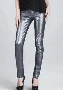 ALICE + OLIVIA Silver Metallic Coated High Gloss‎ Mid-Rise Skinny Jeans Size 6