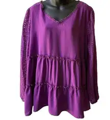 NWT Grace Karin Long Sleeve Tiered Top Tunic Eyelet Puff Sleeve Purple Women 18