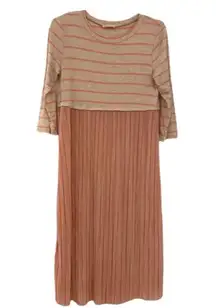 Flamingo Urban Pink Beige Stripes Pleated MIDI Dress