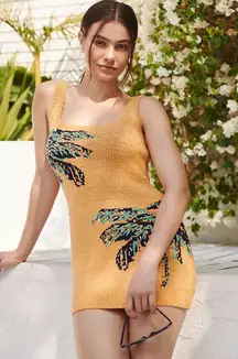 By Anthropologie Sweater Mini Dress Golden with Palm Trees Small