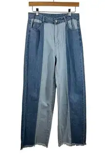 Women Jeans Size M Denim Patch Wide Leg Baggy Raw Hem Oversized Grunge Boho Pant