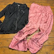 Victoria's Secret Satin Pajama Set Black Pink Logo Print Long Sleeve Pants L M