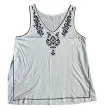 Garnet Hill Embroidered Tank Top White Navy V-Neck Size Medium