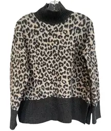 Marled Animal Print Mock Turtleneck Sweater Women's‎ Medium Gray Cream Split Hem