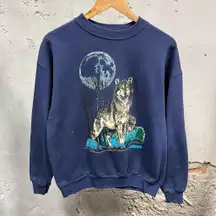 Vintage 90s Arizona Wolf Moon Graphic Navy Blue Crewneck Sweatshirt Nature Large