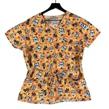 Halloween Scrub Top Womens Sz Medium‎ Scrubs Medical Nurse Nursing Spooky Orange