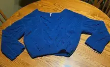 Free People Blue Chenille Chunky Cable Knit Oversized Cropped Sweater Size XS