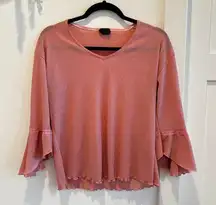Fairy Whimsy Euro Blush Pink Women's Top Bell Sleeve Lace Trim Detail V-neck M