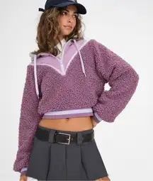 For‎ Love & Lemons Cozy Sherpa Cropped Pullover Half Zip Hoodie Purple Small