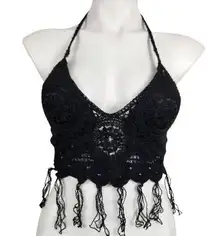 Boutique crochet fringe black halter bikini festival top new one size