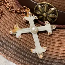 Boutique Metal cross on copper link chain. Glazed cream with Pearl in center of cross