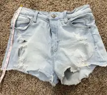 No Boundaries Jean Shorts Juniors 7 Blue Cut Off Mid Rise Ripped Raw‎ Hem