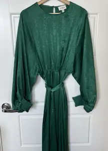 Aura Emerald Green Satin Maxi Dress With A Tie Belt Slit Long Puff Sleeves Small
