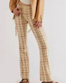 Free People  The Way You Move Flare Natural Plaid Linen Pants Vented Hem Size 4