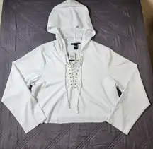 Ashley Stewart Womens 18/20 White Cropped Hooded Shirt NWT Boho Ties Lightweight