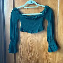 Olivaceous Long Sleeve Shirred Romantic Off the Shoulder Crop Top