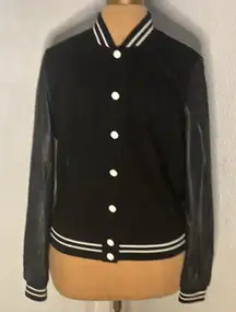 Forever 21 Faux Leather Black/White Moto Varsity Bomber Jacket S Thriller Biker