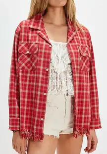 NWT Free People Found Raw-Cut Fringe Plaid Camp Shirt - red plaid - XS