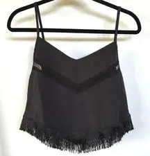 Festival Black Faux Suede Fringe Cowgirl Crop Top Breezy Summer Concert Large