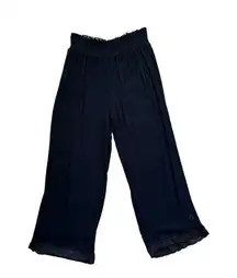 Navy Blue Wide Leg Capri Boho Lightweight Lace Trim Pants Small