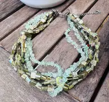 Chunky Multi-Strand Green Gemstone & Mother of Pearl Statement Necklace