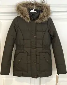 Krush Womens XS Puffer Jacket Midi Coat Parka Olive Green Faux Fur Cinched Waist