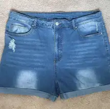 SHEIN Women’s Curve Mid Wash High Waisted Distressed Denim Jean Shorts Size 3XL