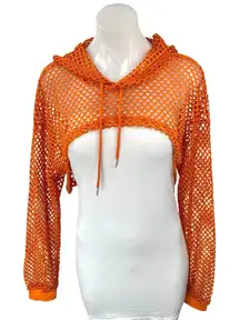 NEW Avidlove Women's Orange Mesh Fishnet Long Sleeve Hooded Hoodie Crop Top XL